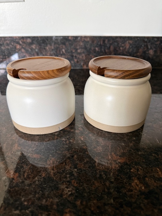 Cream Ceramic Canisters with Wooden Lids - Set of 2. Hearth & Hand. - Picture 2 of 5